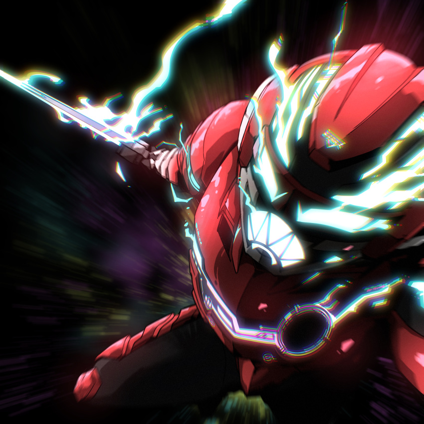absurdres armor black_background black_bodysuit bodysuit chou_uchuu_keiji_gavan_infinity electricity gavan_infinity glowing helmet highres holding holding_sword holding_weapon naitsupic red_armor red_helmet sword tokusatsu weapon