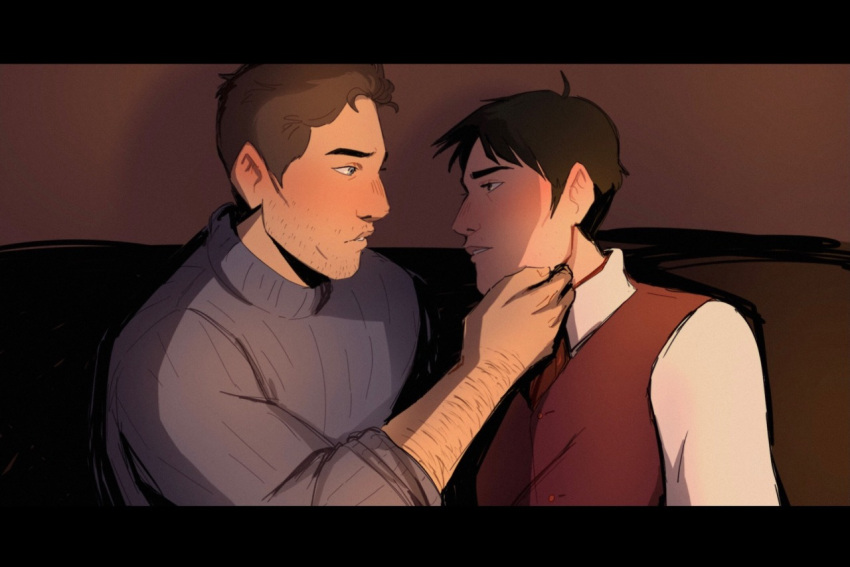 2men almost_kiss black_hair blonde_hair blue_sweater blush dani-dear eye_contact gay love on_couch pathologic pathologic_2 queer red_ascot red_vest rolled_sleeves short_hair sitting touching_another's_chin white_shirt