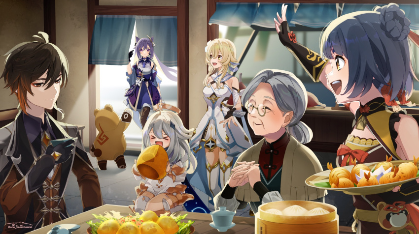 &gt;_&lt; 1boy 5girls aco_(bearchannel) animal bangs black_hair black_legwear blonde_hair blue_hair breasts brown_hair bush cup detached_sleeves double_bun dress earrings eating fingerless_gloves food genshin_impact glasses gloves gradient_hair grey_hair guoba_(genshin_impact) hair_between_eyes hair_bun hair_ornament hair_rings halo highres holding holding_cup holding_food indoors interlocked_fingers jewelry keqing_(genshin_impact) long_hair lumine_(genshin_impact) madame_ping_(genshin_impact) medium_breasts multicolored_hair multiple_girls open_mouth orange_hair paimon_(genshin_impact) pantyhose plate purple_dress purple_hair round_eyewear short_hair_with_long_locks signature single_earring smile table twintails twitter_username white_dress xiangling_(genshin_impact) zhongli_(genshin_impact)