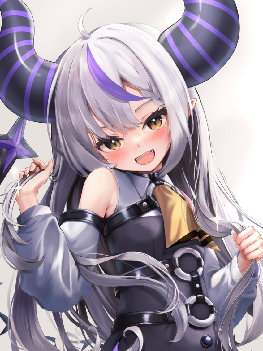 1girl :d ahoge ascot bare_shoulders black_dress blush braid demon_horns detached_sleeves dress french_braid highres hololive horns la+_darknesss long_hair looking_at_viewer multicolored_hair o-ring open_mouth playing_with_own_hair pointy_ears purple_hair saka_mikatsuki smile solo streaked_hair striped_horns two-tone_hair virtual_youtuber white_hair yellow_ascot yellow_eyes