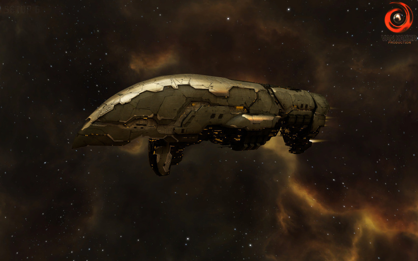 3d amarr_empire_(eve_online) apocalypse_(eve_online) artist_logo battleship_(eve_online) brown_background brown_theme cloud_background clouds commentary english_commentary eve_online flying glowing highres logo military_vehicle nebula no_humans outdoors realistic science_fiction space spacecraft star_(sky) starry_sky_background vankaiser vehicle_focus