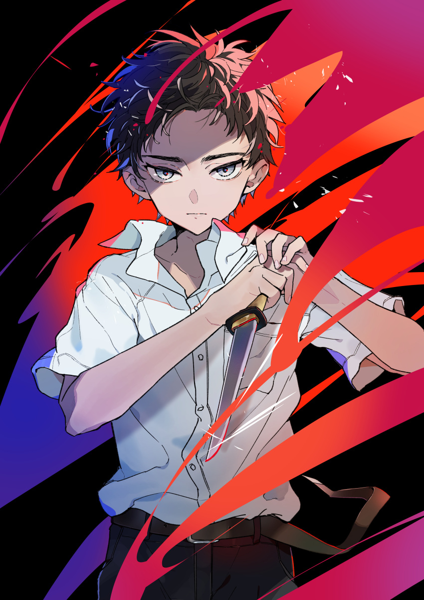 1boy absurdres atsushi_toushirou bangs bare_legs belt black_background black_pants brown_hair chibit_(choco-bit) collared_shirt dress_shirt floating_clothes glint grey_eyes hands_up highres holding holding_sword holding_weapon looking_at_viewer male_focus pants reverse_grip serious shards shirt short_hair short_sleeves short_sword solo sword tantou touken_ranbu unsheathed weapon white_shirt wind