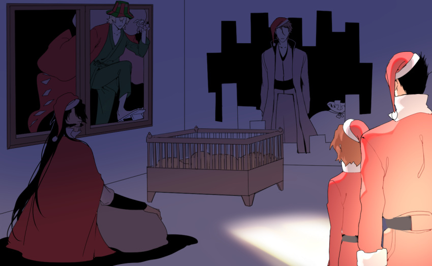 1girl 4boys aged_down aizen_sousuke alternate_universe black_hair bleach bleach:_sennen_kessen-hen brown_eyes cape coat commentary_request crib enpissi faceless faceless_male facial_hair geta hat husband_and_wife japanese_clothes kurosaki_isshin kurosaki_masaki long_hair multiple_boys mustache portal_(object) red_cape sack santa_costume santa_hat sitting urahara_kisuke very_long_hair white_coat yhwach