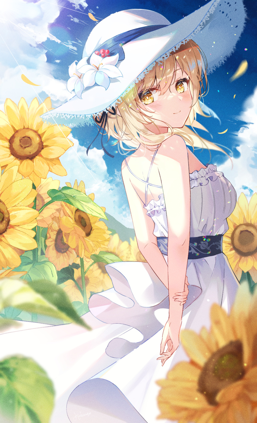 1girl alternate_costume arms_behind_back backlighting blonde_hair blue_sky blurry blurry_foreground breasts bug closed_mouth clouds criss-cross_back-straps day dress field firefly flower flower_field from_side genshin_impact hair_between_eyes hat hat_flower highres holding_own_arm light_blush light_smile looking_at_viewer looking_back looking_to_the_side lumine_(genshin_impact) medium_breasts messy_hair outdoors petals short_hair short_hair_with_long_locks sky sleeveless sleeveless_dress solo spaghetti_strap starlight_crystalz straw_hat sun_hat sundress sunflower upper_body white_dress white_flower wind yellow_eyes