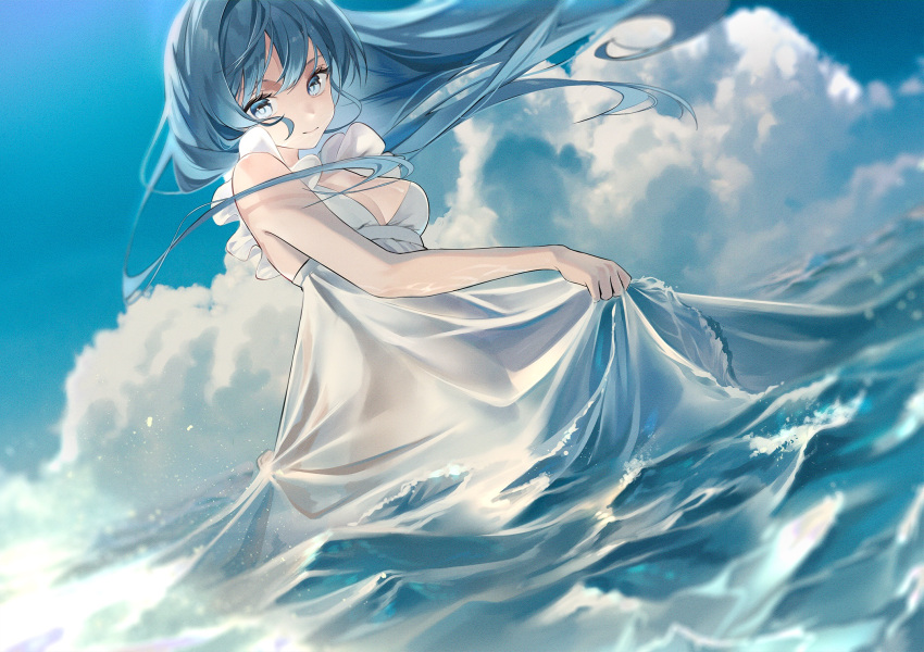 1girl bangs bare_shoulders breasts clouds didtldms0312 dress green_eyes green_hair hair_lift hatsune_miku highres holding holding_clothes holding_dress long_hair looking_at_viewer ocean sky sleeveless smile standing vocaloid waving white_dress