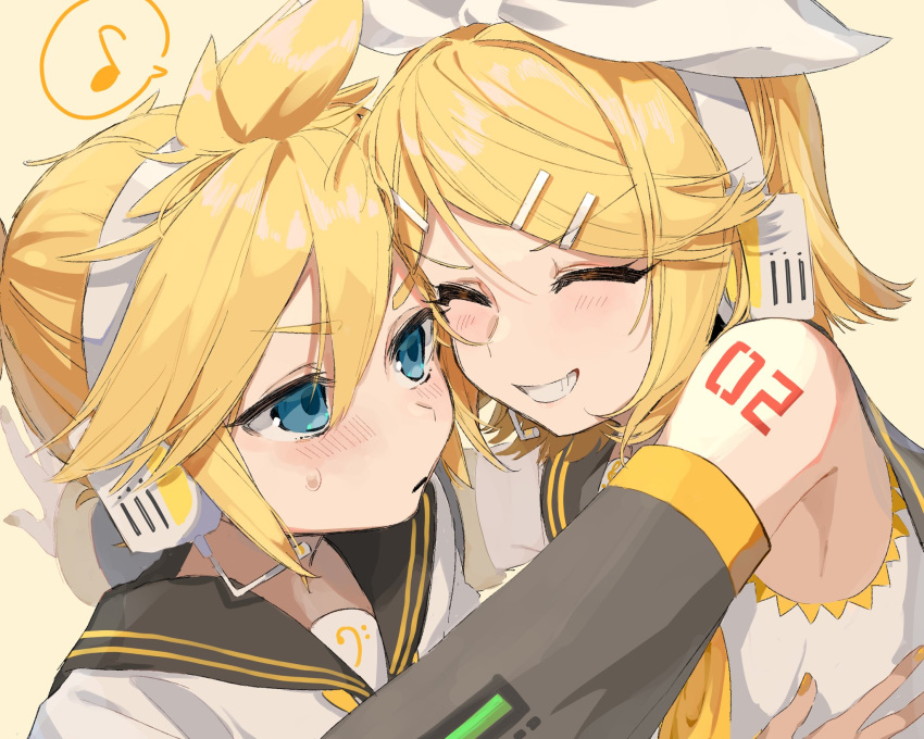 1boy 1girl armpits ascot bare_shoulders bass_clef blonde_hair blue_eyes blush bow cheek-to-cheek detached_sleeves eighth_note flat_chest grin hair_bow hair_ornament hairclip happy headphones heads_together headset highres hug kagamine_len kagamine_rin monaka_age musical_note necktie number_tattoo parted_lips sailor_collar sailor_shirt shirt shoulder_tattoo sleeveless sleeveless_shirt smile speech_bubble spoken_musical_note sweatdrop tattoo treble_clef v-shaped_eyebrows vocaloid white_bow yellow_ascot yellow_nails yellow_necktie