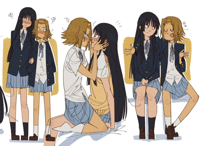 2girls 3: :t akiyama_mio arm_support bangs bangs_pinned_back bed_sheet between_legs black_hair black_legwear blazer blue_jacket blue_ribbon blue_skirt blunt_bangs blunt_ends blush brown_footwear brown_hair calf_socks cheek_press closed_eyes closed_mouth collared_shirt commentary_request couple drop_shadow ear_blush embarrassed english_commentary eye_contact face-to-face facing_viewer feet_out_of_frame film_grain flustered flying_sweatdrops from_side frown full_body furrowed_brow girl_on_top gutalalaman hairband half-closed_eyes hand_on_another's_shoulder hands_on_another's_cheeks hands_on_another's_face hands_on_lap hands_up highres hime_cut imminent_kiss jacket k-on! legs_apart light_smile loafers locked_arms long_hair long_sleeves looking_at_another looking_away looking_to_the_side miniskirt multiple_girls multiple_views narrowed_eyes neck_ribbon no_shoes open_clothes open_hands open_jacket open_mouth outstretched_arm own_hands_together pleated_skirt profile raised_eyebrows ribbon sakuragaoka_high_school_uniform school_uniform shirt shoes short_hair short_sleeves shy side-by-side sitting sitting_on_lap sitting_on_person skirt smile socks sparkle squiggle standing straight_hair sweat sweater_vest tainaka_ritsu toon_(style) u_u unkempt v-shaped_eyebrows wavy_mouth white_background white_legwear white_shirt wing_collar yellow_background yellow_hairband yuri