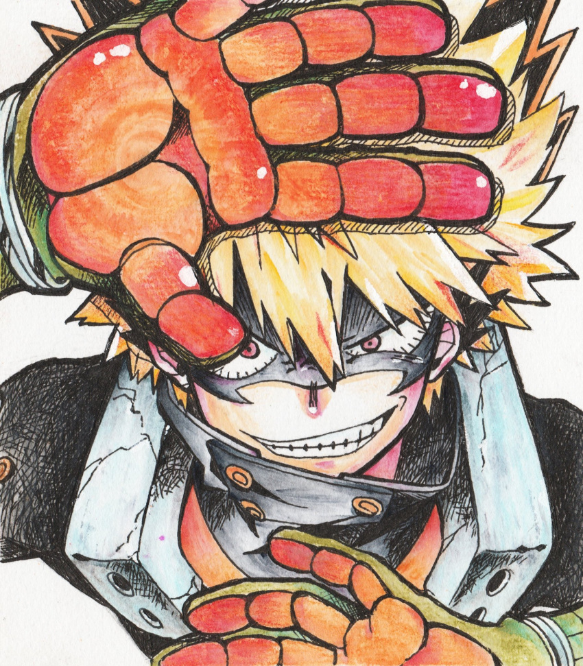 1boy arm_up bakugou_katsuki black_bodysuit black_mask blonde_hair bodysuit boku_no_hero_academia eye_mask gloves grin highres looking_at_viewer male_focus niwa2wa_tori red_eyes red_gloves short_hair simple_background smile solo spiky_hair teeth traditional_media white_background