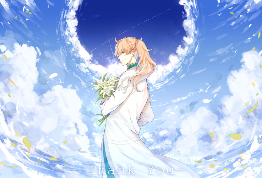 1boy bouquet clouds cloudy_sky english_commentary english_text fate/grand_order fate_(series) flower gevjon green_eyes highres holding holding_bouquet labcoat lily_(flower) long_hair long_sleeves looking_back male_focus orange_hair petals ponytail romani_archaman sky smile solo spoilers white_flower