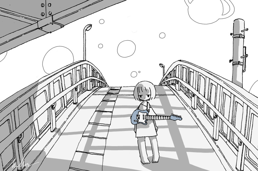 1girl absurdres arms_at_sides barefoot bridge commentary electric_guitar greyscale guitar highres instrument kaduise looking_at_viewer monochrome original oversized_clothes oversized_shirt pedestrian_bridge planet shirt short_hair solo spot_color standing