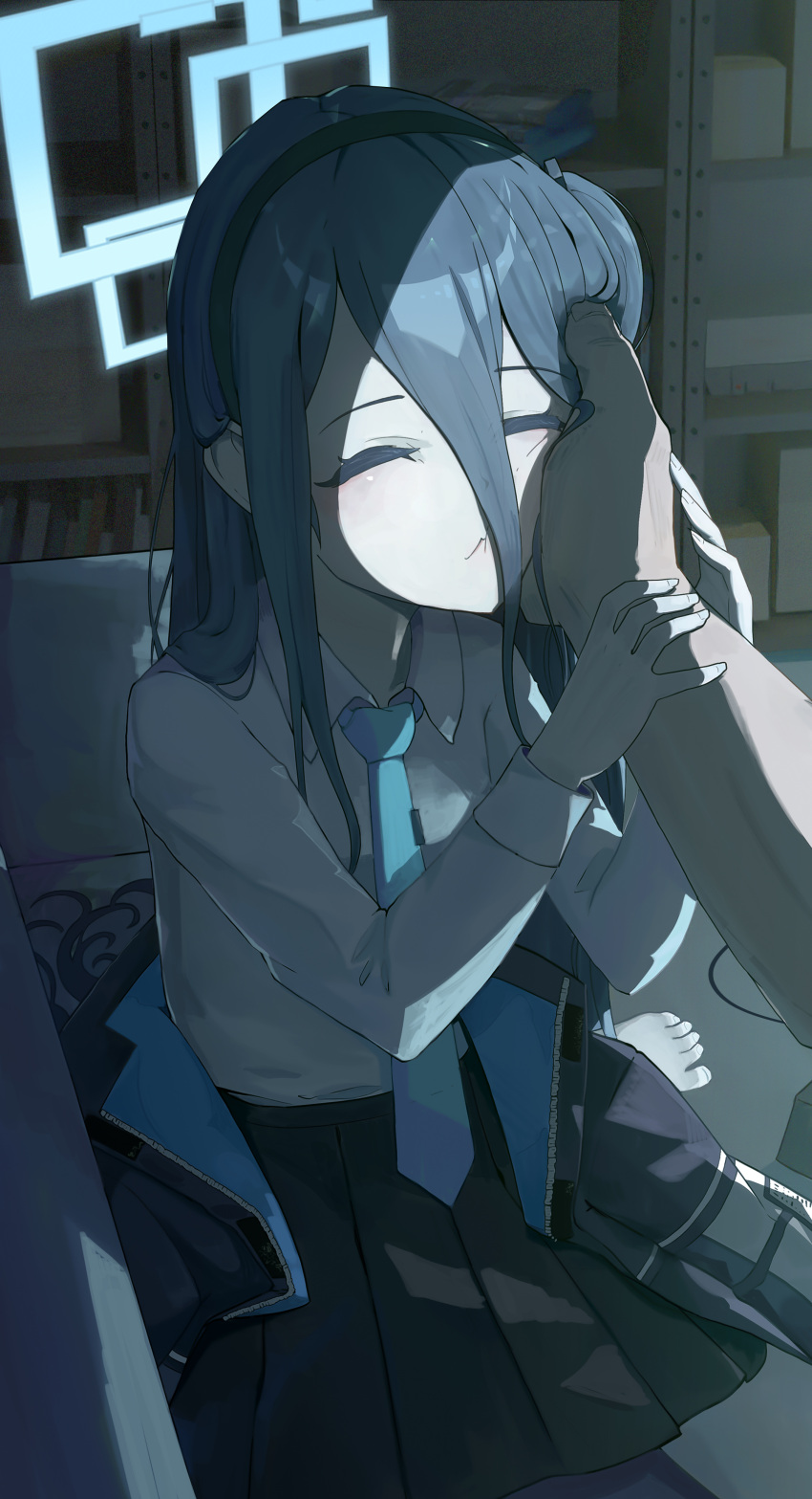 1boy 1girl absurdres arisu_(blue_archive) black_hair black_hairband black_skirt blue_archive blue_necktie closed_eyes closed_mouth collared_shirt hair_between_eyes hairband halo hand_on_another's_cheek hand_on_another's_face highres long_hair long_sleeves necktie pleated_skirt revision ryeon_(bluetom1) shirt shirt_tucked_in sitting skirt solo_focus white_shirt