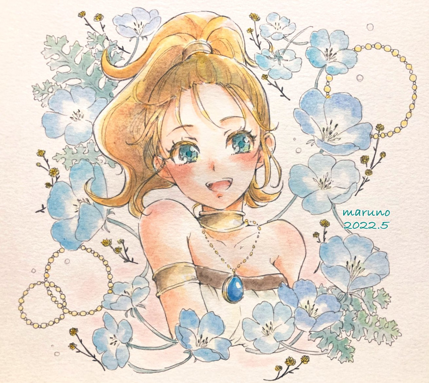 1girl armlet bare_shoulders blonde_hair blue_eyes blue_flower blush choker chrono_trigger flower jewelry leaf marle_(chrono_trigger) maruno open_mouth pendant ponytail shirt sleeveless sleeveless_shirt smile solo strapless strapless_shirt teeth traditional_media upper_body upper_teeth white_shirt