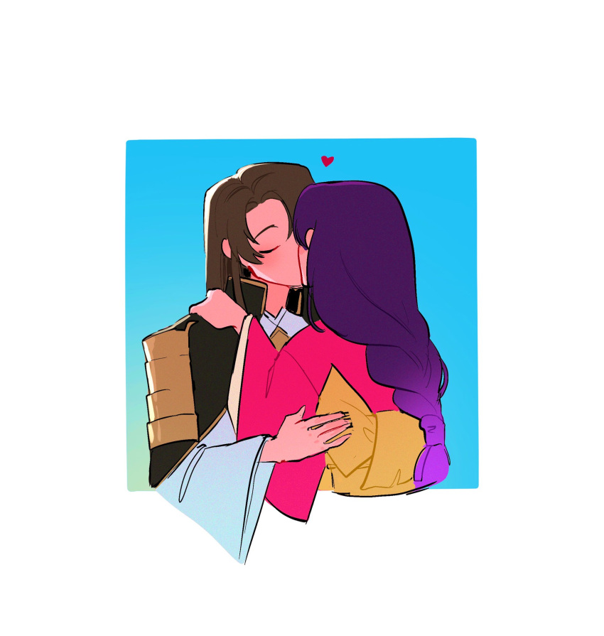 1boy 1girl alternate_costume armor bird_boy black_hair braid bucumberr closed_eyes commentary couple english_commentary genshin_impact head_tilt hetero highres hug imminent_kiss japanese_armor japanese_clothes kimono long_braid long_hair long_sleeves low-tied_long_hair purple_hair raiden_shogun red_kimono sasayuri_(genshin_impact) single_braid upper_body
