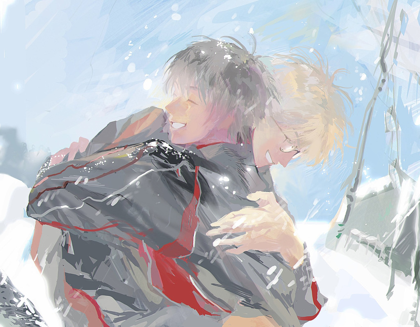 2boys ace_of_diamond black-framed_eyewear black_hair closed_eyes closed_mouth grin happy highres hug male_focus miyuki_kazuya multiple_boys nian_rt rectangular_eyewear sawamura_eijun short_hair smile snow snowing upper_body