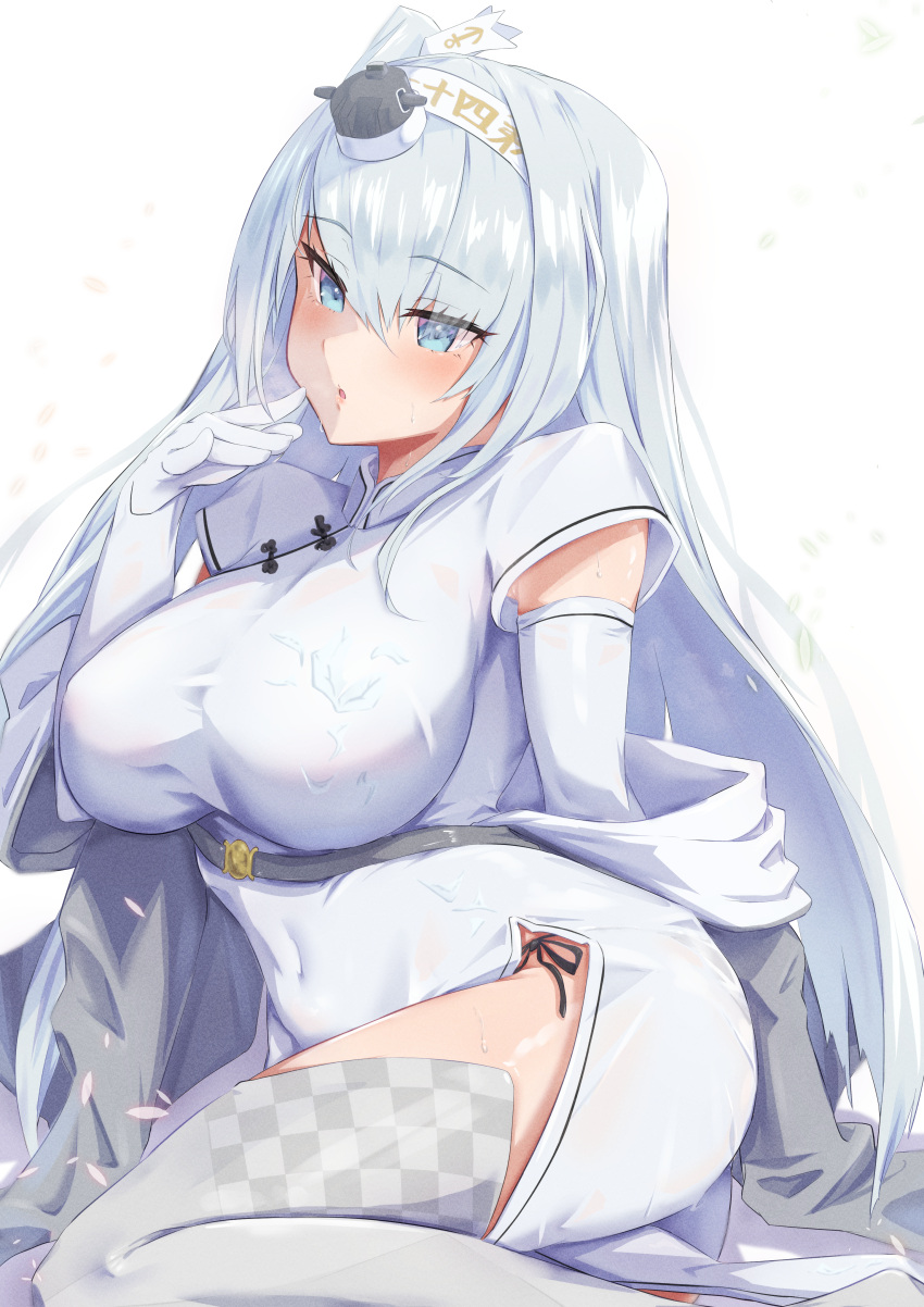 1girl absurdres alternate_costume black_panties breasts china_dress chinese_clothes dou_tanuki dress elbow_gloves fuyutsuki_(kancolle) gloves grey_eyes grey_hair grey_legwear hachimaki hair_between_eyes hand_to_own_mouth headband highres kantai_collection large_breasts long_hair one_side_up panties shawl short_sleeves side_slit silver_legwear sitting solo string_panties thigh-highs underwear white_background white_dress white_gloves white_headband yokozuwari