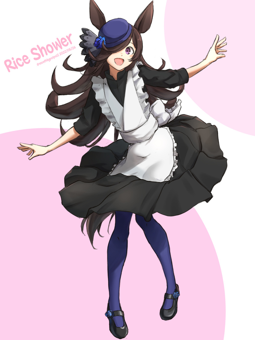 1girl :d absurdres alternate_costume animal_ears apron black_dress black_footwear blue_flower blue_headwear blue_legwear blue_rose brown_hair character_name dated dress enmaided flower full_body hair_over_one_eye hat hat_flower highres horse_ears horse_girl long_hair looking_at_viewer maid maid_apron mary_janes pantyhose rice_shower_(umamusume) rose shoes smile solo tilted_headwear umamusume umibudou violet_eyes