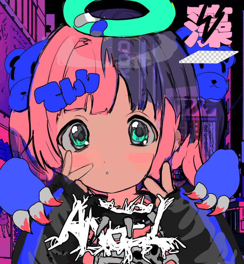 1girl :o bandaid bandaid_on_halo blue_eyes blush collar halo highres long_sleeves looking_at_viewer momae_makku multicolored_hair original parted_lips pink_hair purple_hair solo spiked_collar spikes split-color_hair v