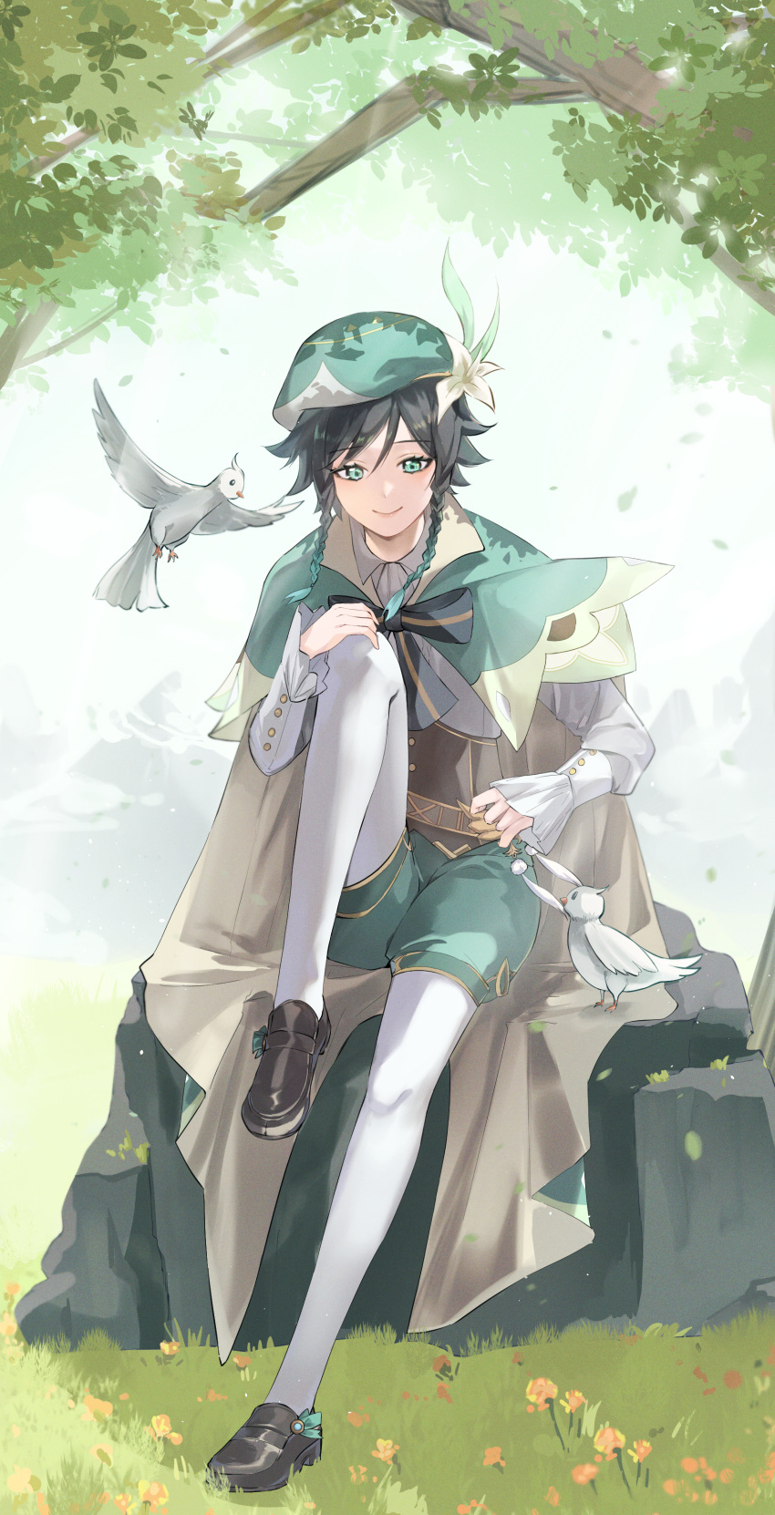 1boy absurdres androgynous bangs beret bird black_hair blue_hair bow braid cape closed_mouth collared_cape collared_shirt commentary corset day english_commentary falling_leaves feathers flower frilled_sleeves frills full_body genshin_impact gradient_hair green_cape green_eyes green_headwear green_shorts hair_flower hair_ornament hat highres jira_(0116) leaf long_sleeves male_focus multicolored_hair outdoors pantyhose shirt shoes short_hair_with_long_locks shorts side_braids sidelocks sitting smile solo twin_braids venti_(genshin_impact) vision_(genshin_impact) white_flower white_legwear white_shirt