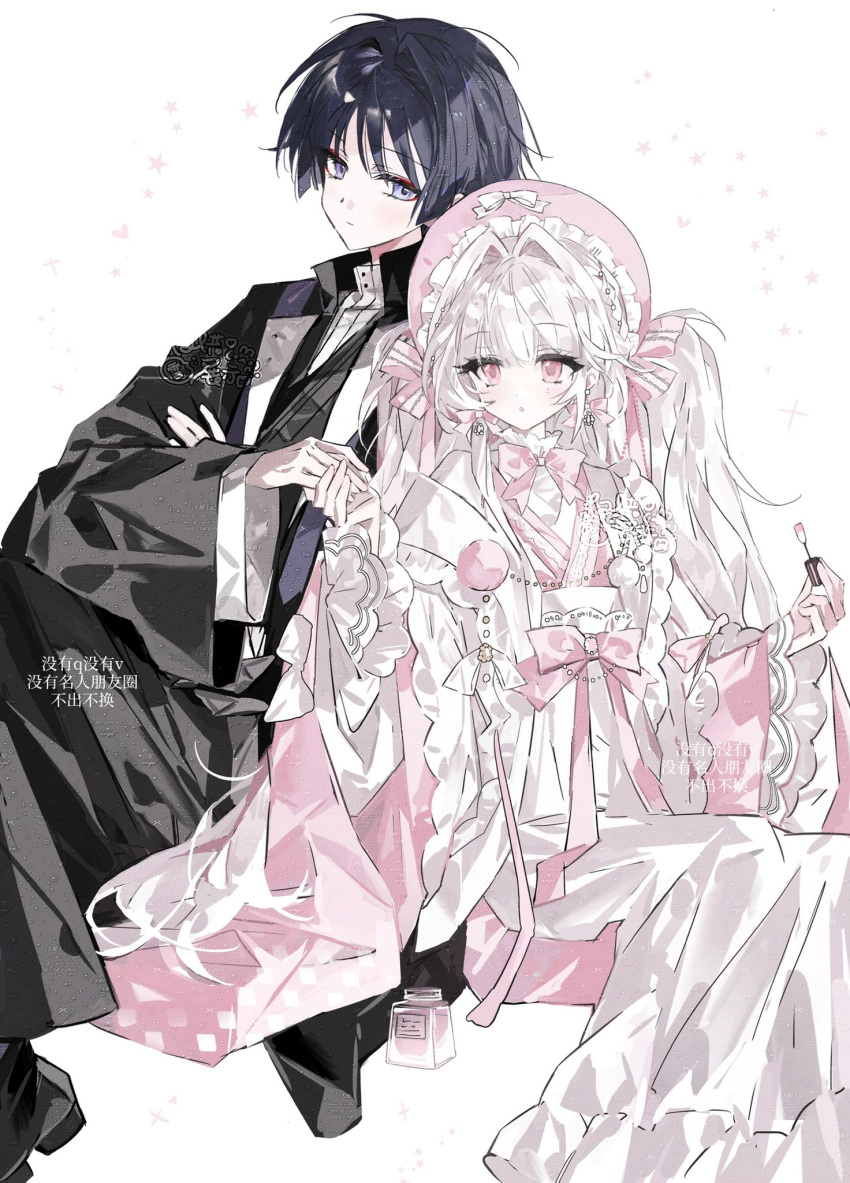 1boy 1girl alternate_costume apron artist_request black_hair black_hakama black_haori black_pants black_shoes black_sleeves blunt_bangs blunt_ends blush bonnet bow bowtie closed_mouth commission commissioner_insert couple eyelashes eyeliner frilled_apron frilled_headwear frilled_sleeves frills genshin_impact hair_bow hair_intakes hakama hand_up haori hat hayami_momo_(hayamimomo) hetero high_collar highres holding holding_hands japanese_clothes kimono lapels layered_sleeves long_hair long_sidelocks long_sleeves looking_at_another makeup mole mole_under_eye nail_polish nail_polish_brush oc_x_canon open_mouth original pants pink_bow pink_bowtie pink_eyes pink_hat pink_kimono pink_sleeves pom_pom_(clothes) red_eyeliner scaramouche_(genshin_impact) second-party_source shawl shirt shoes sidelocks sitting star_(symbol) translation_request tsurime turtleneck turtleneck_shirt two_side_up undershirt very_long_hair violet_eyes white_apron white_background white_bow white_shawl white_shirt white_sleeves wide_sleeves wispy_bangs