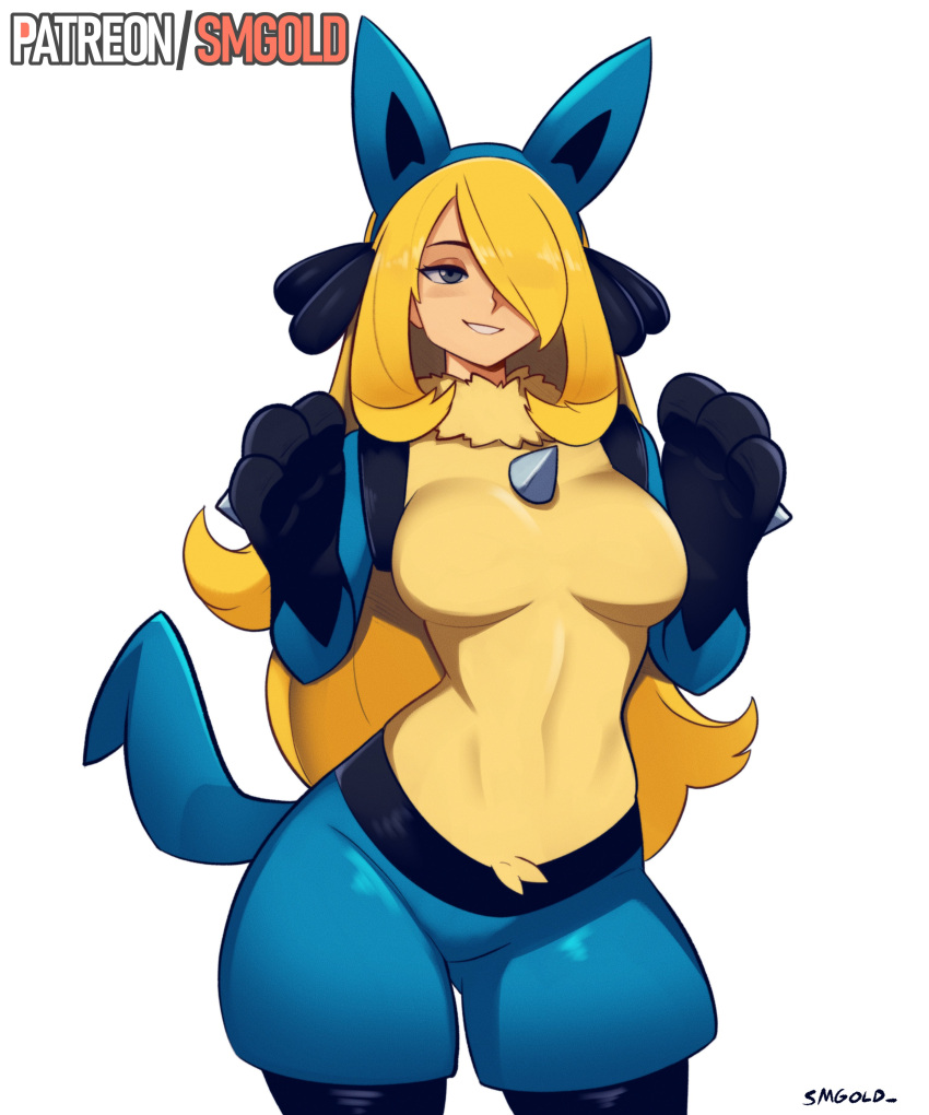 1girl absurdres animal_ears animal_hands blonde_hair breasts character_costume chest_spike cosplay covered_navel cynthia_(pokemon) fake_animal_ears gloves hair_over_one_eye highres long_hair lucario lucario_(cosplay) paw_gloves pokemon pokemon_dppt simple_background smgold smile solo very_long_hair white_background