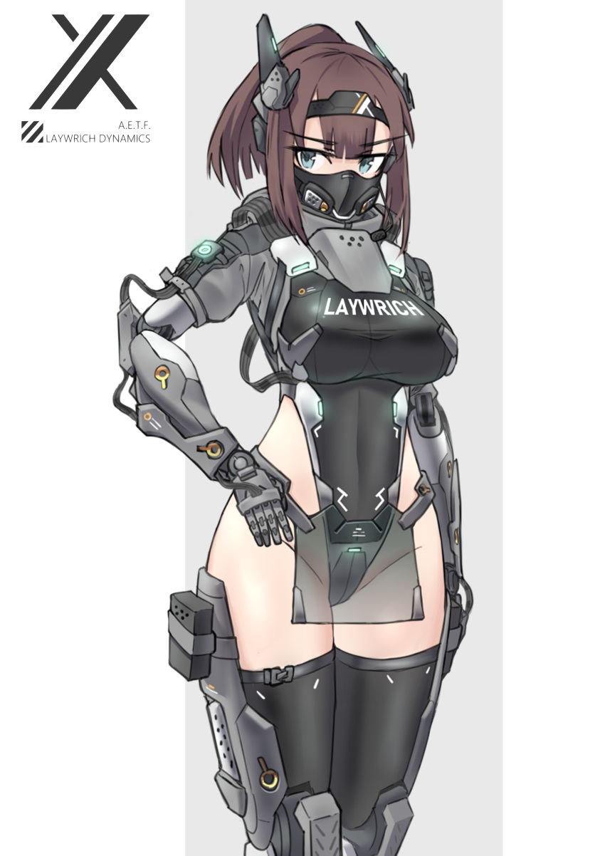 1girl absurdres aqua_eyes armor breasts brown_hair commentary_request grey_background hairband hand_on_hip highleg highleg_leotard highres joints large_breasts leotard mask mecha_musume original pelvic_curtain ponytail prosthesis prosthetic_arm robot_joints sherman_(egnk2525) standing thigh-highs two-tone_background white_background