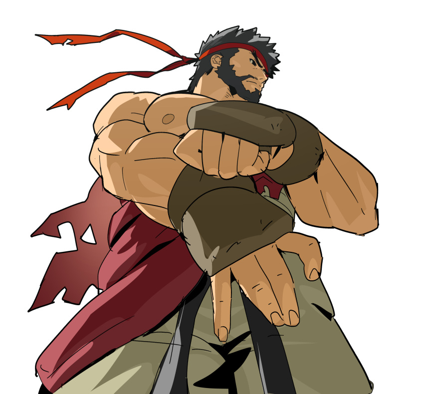 1boy absurdres adjusting_clothes adjusting_gloves beard black_hair brown_eyes brown_gloves cloak closed_mouth cowboy_shot facial_hair forked_eyebrows frown gloves grey_pants headband highres looking_to_the_side male_focus pants red_cloak red_headband ryu_(street_fighter) sach56000 short_hair simple_background solo street_fighter street_fighter_6 topless_male torn_cloak torn_clothes v-shaped_eyebrows white_background
