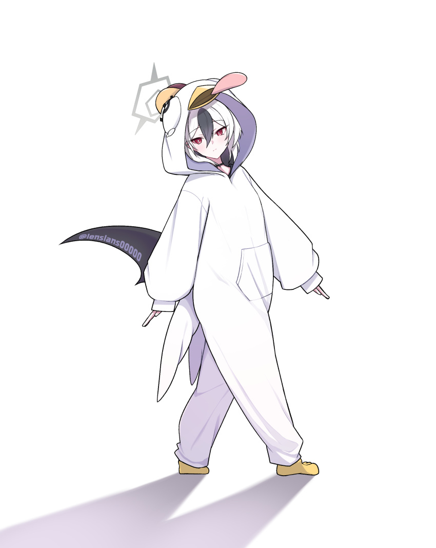 1girl absurdres animal_costume black_choker black_hair blue_archive choker closed_mouth commentary cosplay full_body hair_between_eyes highres hood hood_up kayoko_(blue_archive) lenslans long_sleeves looking_at_viewer multicolored_hair peroro_(blue_archive) peroro_(blue_archive)_(cosplay) red_eyes shadow solo twitter_username two-tone_hair walking white_hair