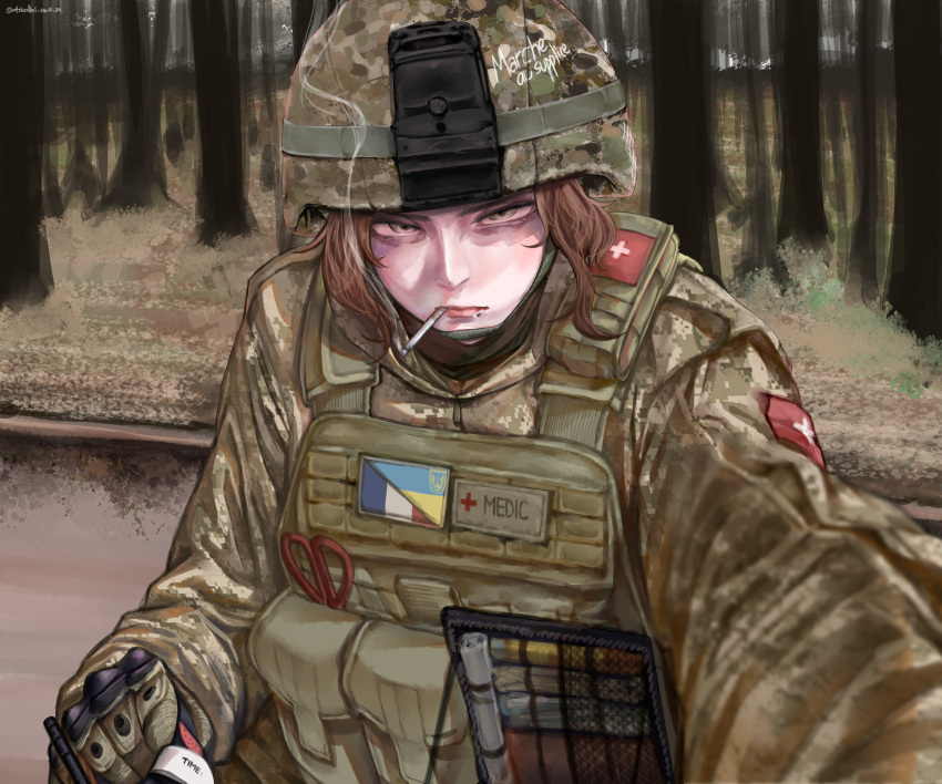 1girl absurdres ammunition_pouch camouflage camouflage_headwear camouflage_jacket chest_rig cigarette combat_helmet commission cross day digital_camouflage english_commentary english_text expressionless fast_helmet first_aid forest french_flag french_text green_eyes helmet highres jacket lips load_bearing_vest m4skedboi messy_hair military military_combat_uniform military_medic military_uniform mm14 mole mole_under_mouth natalie_(qvit11) nature original outdoors patch pouch pov red_cross red_hair russo-ukrainian_war scissors short_hair smoke smoking soldier tourniquet translated tree tryzub ukraine ukrainian_flag war woodland_camouflage