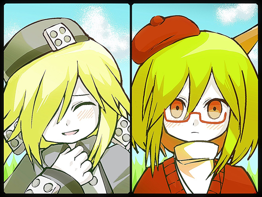 2girls :d ^_^ beret blonde_hair blush closed_eyes commentary facing_viewer frown froze_(funamusea) funamusea glasses green_hair grey_hat haiiro_teien hair_over_one_eye hat horns long_hair looking_at_viewer mini_hat multiple_girls red-framed_eyewear red_hair red_hat semi-rimless_eyewear short_hair smile split_screen uoyevolidsp yosafire_(funamusea)