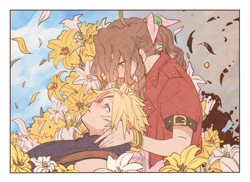 1boy 1girl absurdres aerith_gainsborough armor_removed bangs blonde_hair blue_eyes blue_shirt bracelet braid braided_ponytail brown_hair cloud_strife clouds cloudy_sky couple cropped_jacket crying dress falling_petals final_fantasy final_fantasy_vii final_fantasy_vii_remake flower green_eyes grey_sky hair_ribbon highres holding_another's_head jacket jewelry lap_pillow materia metanaito122 multiple_bracelets open_mouth parted_bangs parted_lips petals pink_dress red_jacket ribbon shirt short_hair short_sleeves sidelocks sky sleeveless sleeveless_turtleneck smile spiky_hair suspenders tears turtleneck wavy_hair white_flower yellow_flower