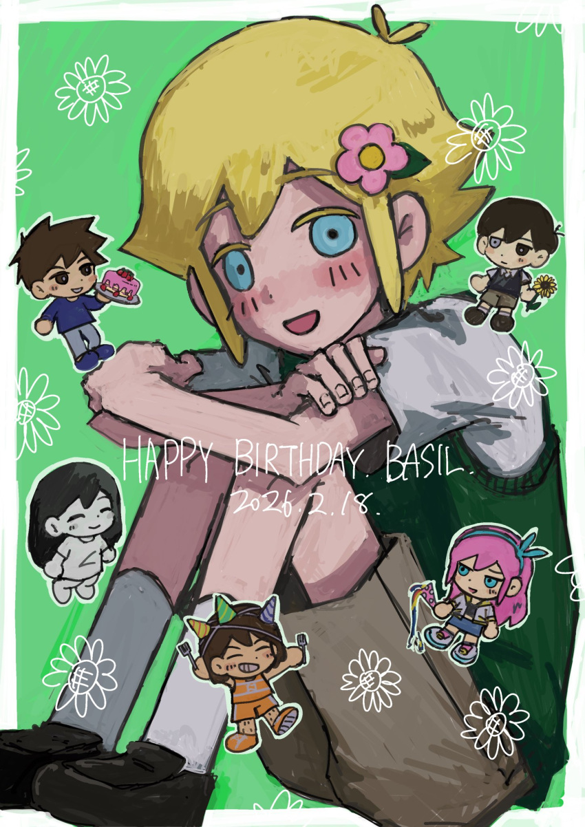 2026 2girls 4boys :d ^_^ antenna_hair aubrey_(faraway)_(omori) aubrey_(omori) bare_arms bare_legs basil_(faraway)_(omori) basil_(omori) black_shirt black_shoes black_sweater_vest blonde_hair blue_eyes blue_hairband blue_shirt blue_shoes blue_skirt border bow_hairband bright_pupils brother_and_sister brothers brown_eyes brown_hair brown_shorts cake chibi chibi_inset closed_eyes closed_mouth collared_shirt colored_eyelashes colored_skin dark-skinned_male dark_skin dated double-parted_bangs dress english_text fingernails flipped_hair floral_background flower food fork fruit full_body green_background green_hat green_sweater_vest grey_hat grey_pants grin hair_behind_ear hair_between_eyes hair_flower hair_ornament hairband happy_birthday hashtag-only_commentary hat hero_(faraway)_(omori) hero_(omori) heterochromia highres holding holding_flower holding_fork holding_party_popper holding_plate hugging_own_legs jacket kel_(faraway)_(omori) kel_(omori) kneehighs knees_up leaf leg_hair loafers long_hair long_sleeves mari_(omori) mari_(spirit)_(omori) midriff miniskirt multiple_boys multiple_girls multiple_hats no_sclera omori open_clothes open_jacket open_mouth orange_shoes orange_shorts orange_tank_top outline outside_border pants party_hat party_popper pink_flower pink_hair plate shirt shoes short_hair short_sleeves shorts siblings sidelocks simple_background sitting skirt smile socks solo_focus spoilers straight_hair strawberry strawberry_cake striped_hat sunflower sunny_(omori) sweater_vest tamponade tank_top tareme very_long_hair very_short_hair white_border white_dress white_eyes white_jacket white_outline white_pupils white_shirt white_skin white_socks yellow_hat