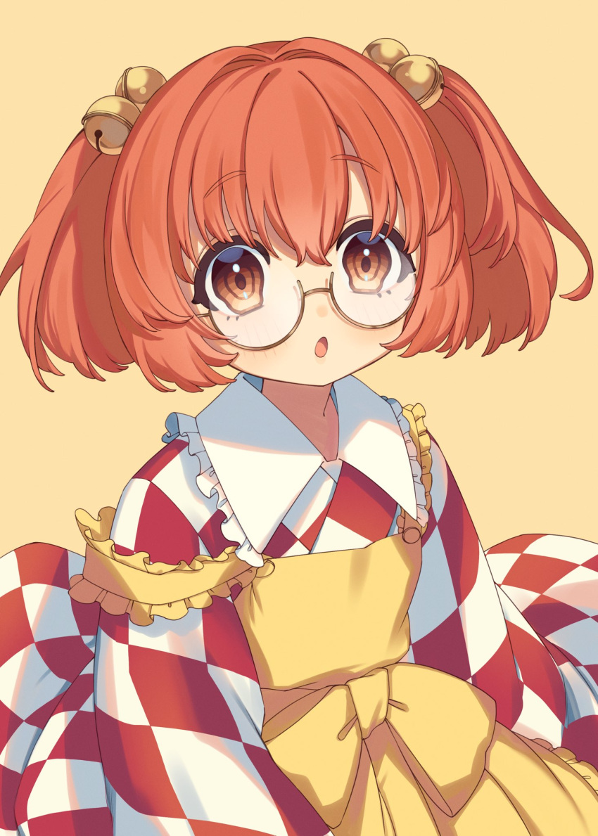 1girl apron bangs bell checkered_clothes e_sdss hair_bell hair_ornament highres looking_at_viewer motoori_kosuzu open_mouth orange_eyes orange_hair round_eyewear semi-rimless_eyewear short_hair simple_background solo touhou twintails two_side_up under-rim_eyewear yellow_apron yellow_background