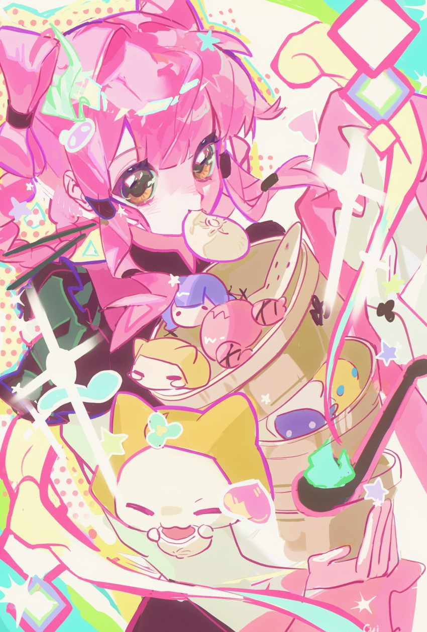 1girl ^_^ animal black_dress blunt_bangs bow-shaped_hair braid braided_hair_rings brown_eyes cat character-themed_food chinese_clothes chinese_commentary cloak closed_eyes clothed_animal collared_dress commentary_request cowboy_shot double_bun dress drop_shadow ear_covers eating eyes_visible_through_hair faewish_sprite food food_in_mouth hair_bun hair_rings hair_tubes halftone happy high_collar highres holding_bamboo_steamer hood hood_up hooded_cloak infinity_nikki ladle layered_sleeves long_sleeves looking_at_viewer momo_(nikki) mouth_hold nikki_(nikki) nikki_(series) piecey pink_hair pink_tabard pointy_nose procreate_(medium) qingningqianxianick short_hair short_over_long_sleeves short_sleeves sidelocks smile song_beyond_(infinity_nikki) sparkle star_(symbol) steamed_bun stylist_(nikki) tabard white_background white_cat white_sleeves wide_sleeves yellow_cloak