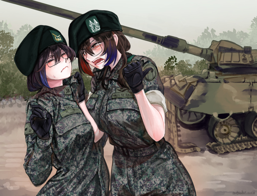 2girls absurdres angry beret black_gloves black_hair black_hat blue_hair breast_press breasts brown_hair bush camouflage camouflage_pants camouflage_shirt closed_eyes closed_mouth clothes_grab collar_grab frown glass gloves grey_jacket grey_pants hands_up hat highres jacket korean_text large_breasts long_sleeves m4skedboi medium_hair military_vehicle motor_vehicle multicolored_hair multiple_girls neckwear_grab original pants pointing pointing_at_object red_eyes red_hair republic_of_korea_army scowl shirt shirt_tucked_in short_sleeves sleeves_rolled_up sweatdrop tank thumbs_up