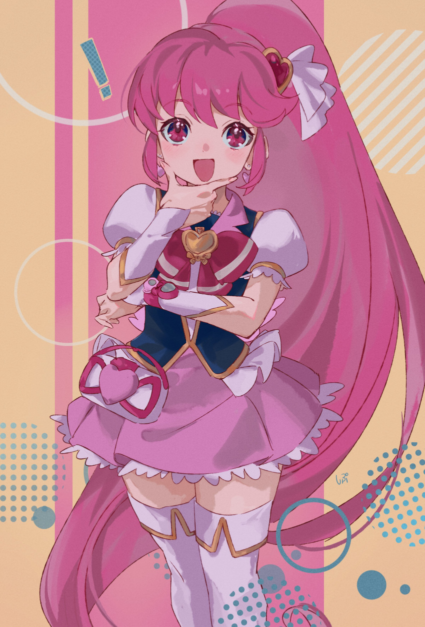 ! 1girl absurdres aino_megumi black_vest boots bow brooch cowboy_shot cure_lovely earrings frills hair_between_eyes hair_ornament hand_on_own_chin happinesscharge_precure! heart heart_brooch heart_hair_ornament highres jewelry long_hair looking_at_viewer magical_girl open_mouth pink_background pink_eyes pink_hair pink_legwear pink_shirt pink_skirt ponytail pouch precure puffy_sleeves red_bow shipu_(gassyumaron) shirt signature skirt smartwatch smile solo stroking_own_chin thigh_boots thinking vest wide_ponytail yellow_background