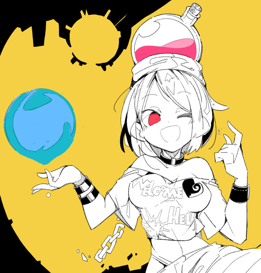 1girl blush bottle chain clothes_writing corked_bottle flask hecatia_lapislazuli highres massakasama navel off-shoulder_shirt off_shoulder one_eye_closed open_mouth polos_crown red_eyes shirt short_hair short_sleeves smile solo t-shirt touhou upper_body