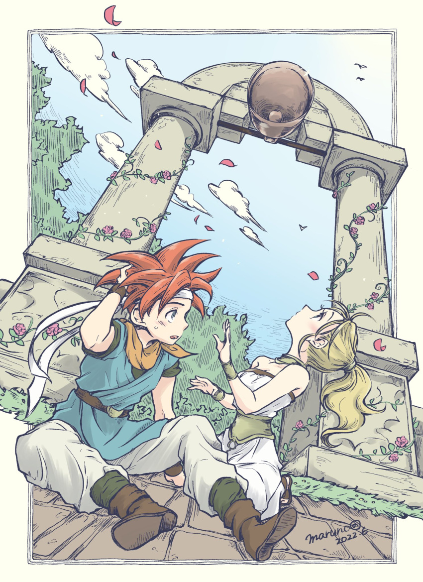 1boy 1girl arch baggy_pants bell belt bird black_shirt blonde_hair blue_tunic blush boots border breasts brick_floor bridal_gauntlets chrono_trigger clouds cloudy_sky couple crono_(chrono_trigger) falling_petals flower grass grey_pants hand_in_own_hair headband highres jewelry kneeling looking_up marle_(chrono_trigger) maruno medium_breasts medium_hair neckerchief necklace open_mouth orange_neckerchief pants petals pillar pink_flower ponytail redhead sandals shirt sitting sky sleeveless sleeveless_shirt spiky_hair strapless strapless_shirt sweatdrop swinging t-shirt tree white_headband white_pants white_shirt
