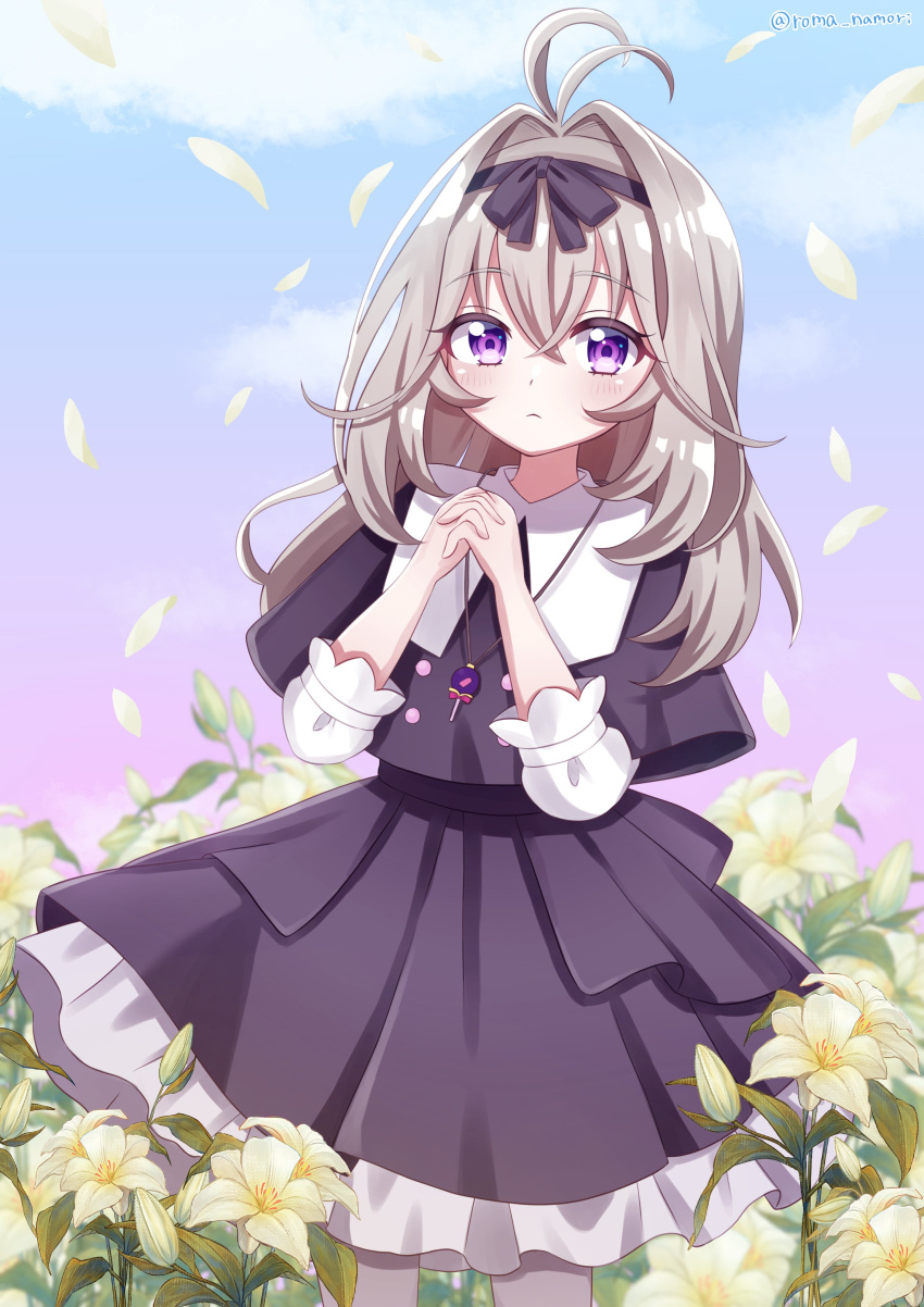 1girl absurdres ahoge antenna_hair artist_name black_dress black_ribbon black_skirt blue_sky blush brown_hair closed_mouth clouds collar commentary dress falling_petals flower garden hair_ribbon highres jewelry looking_at_viewer medium_hair meitantei_precure! moria_luluka necklace own_hands_together petals precure ribbon roma_namori signature skirt sky untranslatable_commentary violet_eyes white_collar