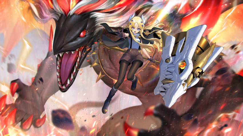 1girl albion_the_shrouded_dragon blonde_hair blue_eyes boots brown_gloves claws dragon dragon_horns dragon_tail dragon_wings duel_monster gloves hair_ornament hammer headgear highres holding holding_hammer holding_weapon horns huge_weapon incredible_ecclesia_the_virtuous jacket jacket_on_shoulders long_hair masin0201 monster multicolored_hair outstretched_arm pantyhose red_eyes redhead sharp_teeth shorts signature suspender_shorts suspenders tail teeth war_hammer weapon western_dragon white_hair wings yu-gi-oh!