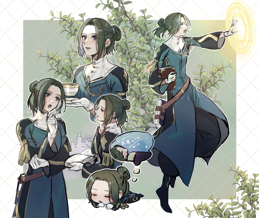 1boy :o androgynous black_footwear black_pants black_t_t blue_coat blue_eyes book branch brooch buttons casting_spell chibi closed_eyes coat collared_coat commentary_request cropped_torso cup dreaming fire_emblem fire_emblem:_three_houses fire_emblem_warriors:_three_hopes from_side full_body gloves green_background green_hair hair_bun half-closed_eyes hand_on_own_arm high_collar highres holding holding_book holding_cup jewelry korean_commentary leaf leg_up linhardt_von_hevring long_sleeves looking_ahead lying male_focus multiple_views on_stomach open_book open_mouth outline outstretched_arm pants puffy_pants shoes short_hair sleeping smile standing standing_on_one_leg teacup two-tone_background upper_body white_gloves white_outline zzz