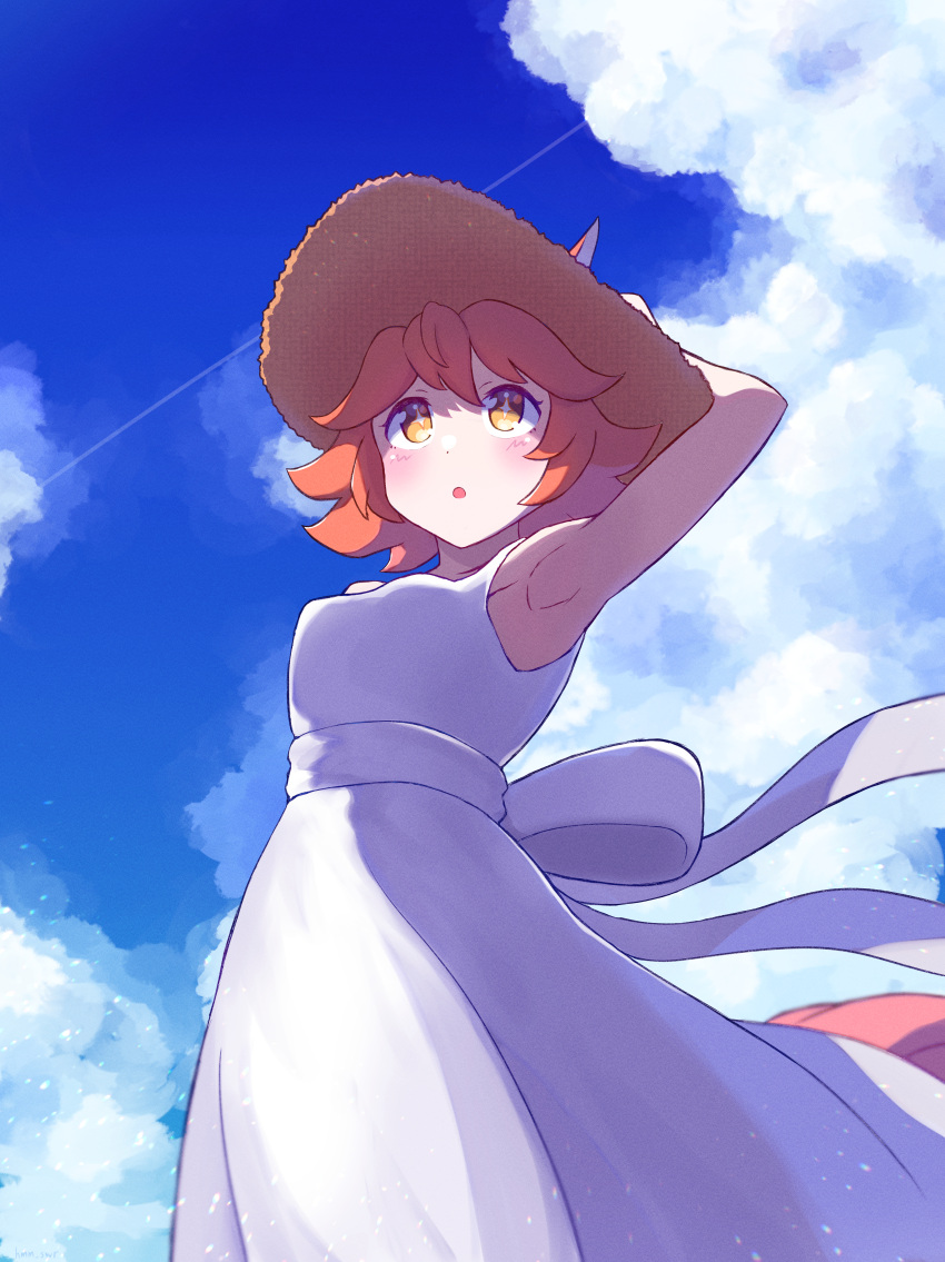 +_+ 1girl :o absurdres animal_ears arm_at_side arm_up armpits bangs blush breasts clouds contrail dress ears_through_headwear ememe feet_out_of_frame hat highres horse_ears horse_girl horse_tail matikanefukukitaru_(umamusume) open_mouth orange_hair outdoors short_hair sleeveless sleeveless_dress small_breasts solo straw_hat tail umamusume white_dress yellow_eyes