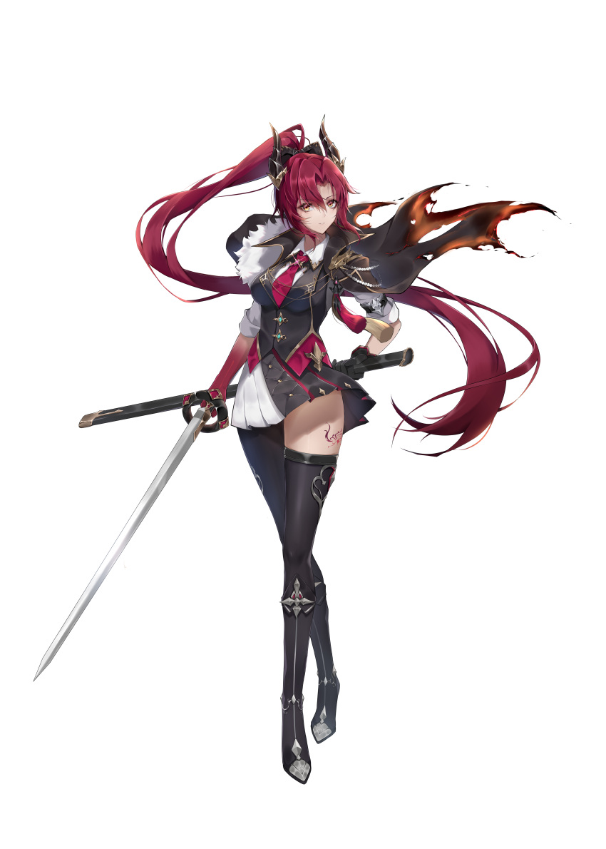 1girl absurdres bangs black_legwear boots breasts cloak dragon_girl dragon_horns eyebrows_behind_hair gloves hair_between_eyes highres holding holding_sword holding_weapon horns long_hair looking_at_viewer military military_uniform necktie open_mouth orange_eyes original ponytail red_gloves shixuexiao simple_background skirt solo standing sword thigh_boots uniform weapon white_background