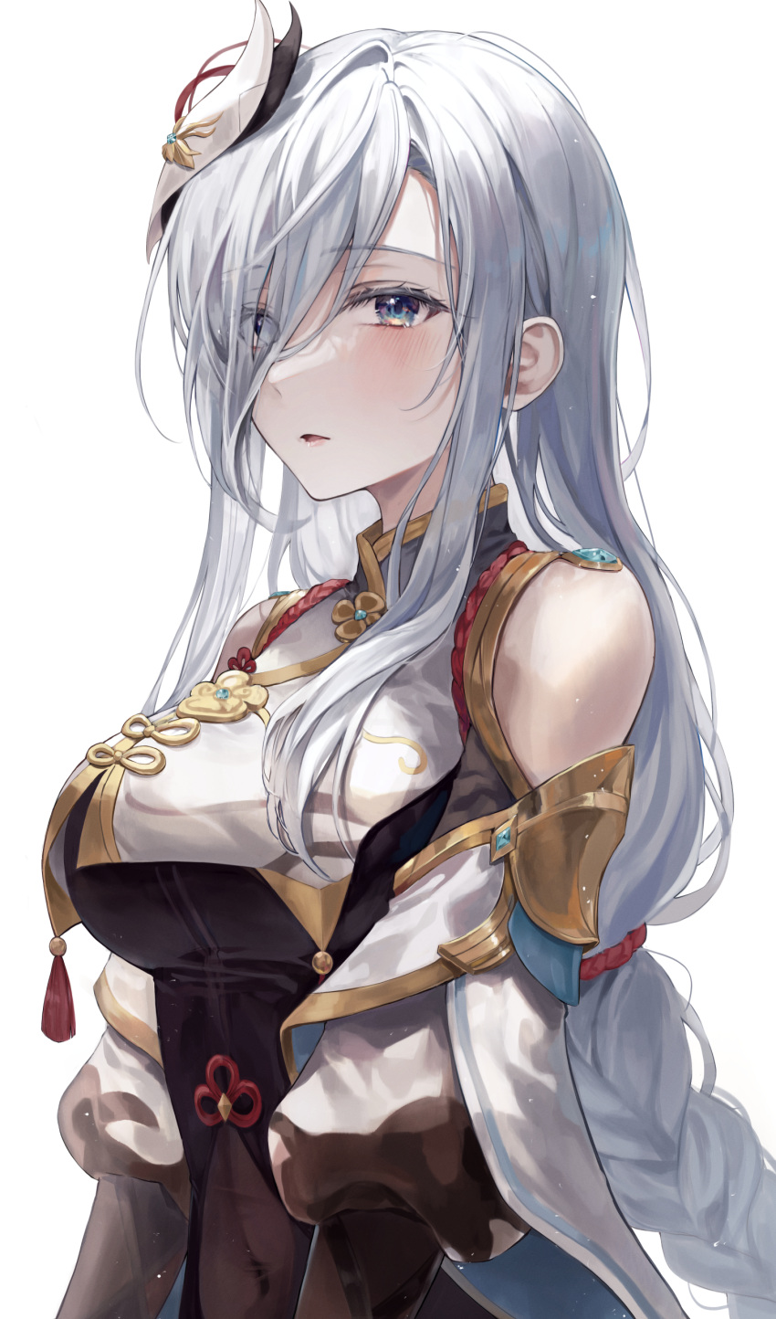 1girl absurdres bangs blue_eyes blush breast_curtain breasts commentary duplicate ekina_(1217) genshin_impact gold_trim grey_hair hair_ornament hair_over_one_eye highres lips long_hair looking_at_viewer medium_breasts parted_lips pixel-perfect_duplicate shenhe_(genshin_impact) simple_background sleeveless solo turtleneck white_background