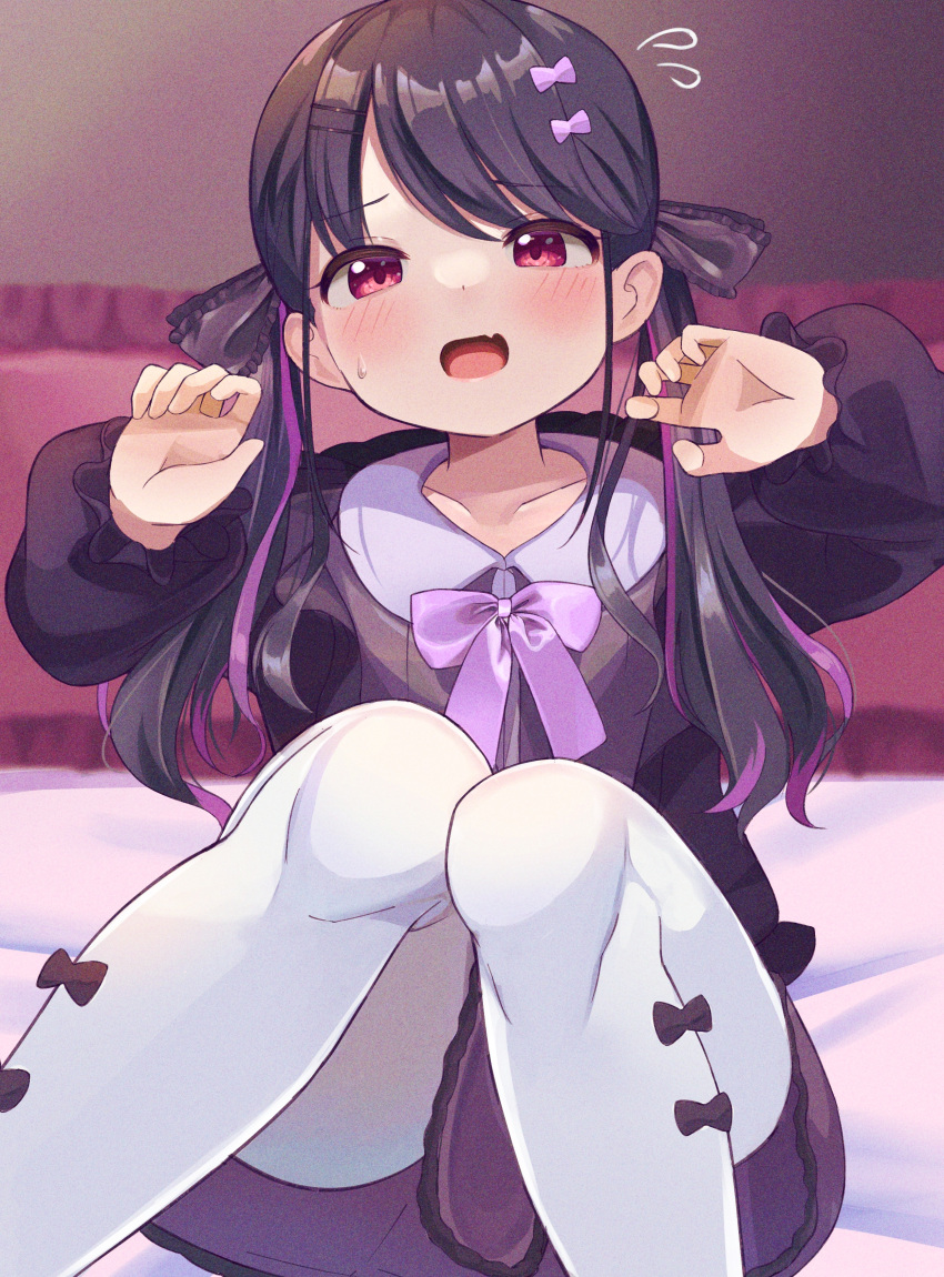 1girl absurdres black_dress black_hair bow collarbone commentary_request dress fangs film_grain fukumaru_koito hair_bow hair_ornament hair_ribbon hairclip highres idolmaster idolmaster_shiny_colors knees_up long_sleeves looking_at_viewer neck_ribbon neonewryomo on_bed pantyhose pillow puffy_sleeves ribbon sitting skin_fangs solo twintails violet_eyes white_legwear