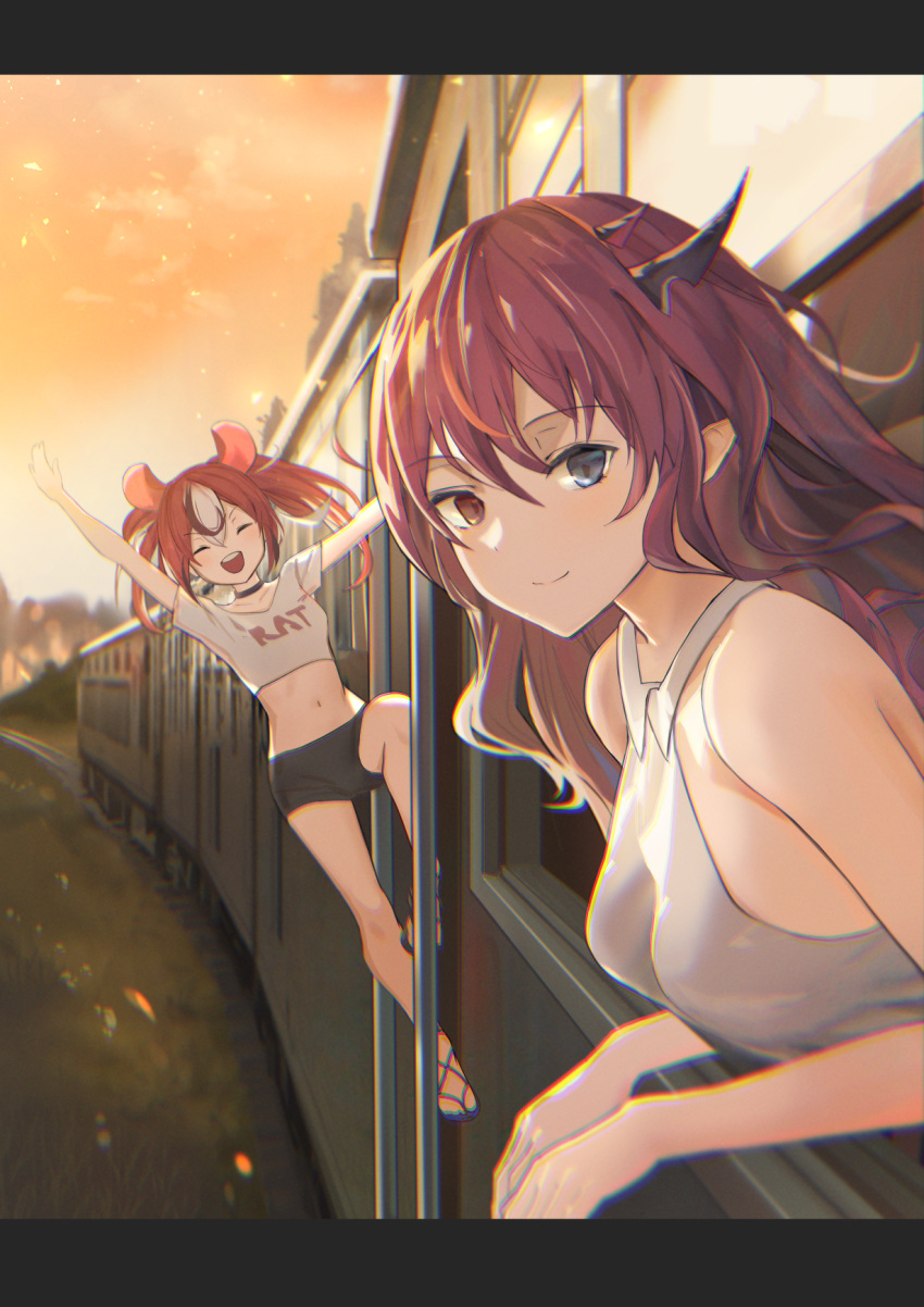 2girls animal_ears casual choker closed_eyes crop_top dolphenry ground_vehicle hakos_baelz heterochromia highres hololive hololive_english horns irys_(hololive) midriff mouse_ears multiple_girls navel pointy_ears purple_hair redhead sandals shirt shorts sleeveless sleeveless_shirt smile through_window train twilight twintails virtual_youtuber