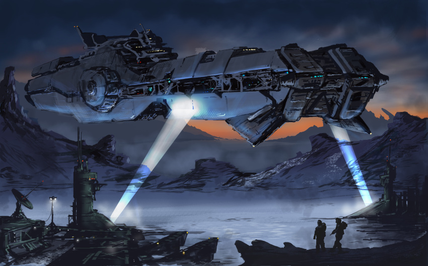2others absurdres building clouds cloudy_sky commentary eve_online flying full_body glowing gun highres holding holding_gun holding_weapon landscape light_rays machinery multiple_others original outdoors peteashford scenery science_fiction sky spacecraft standing vehicle_focus weapon