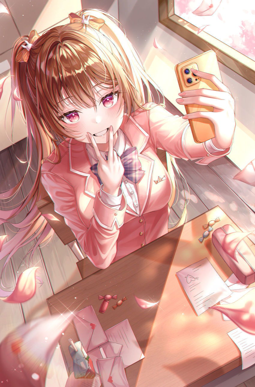1girl absurdres blonde_hair blush breasts brown_hair cellphone classroom eyebrows_behind_hair falling_petals flower hand_on_own_face highres holding holding_phone lisa_78 long_hair looking_at_viewer love_letter medium_breasts original petals phone pose red_eyes school_uniform selfie smartphone smile solo spring_(season) twintails uniform v