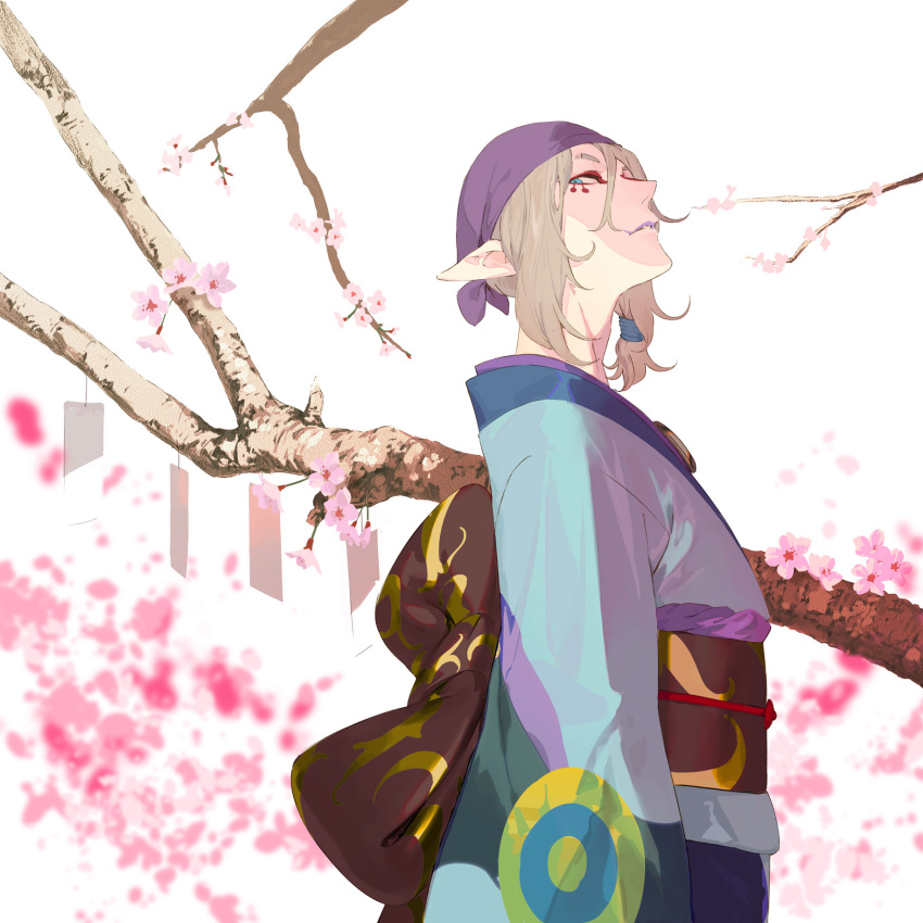 bandana blonde_hair blue_eyes flower from_side highres japanese_clothes kimono looking_at_viewer male_focus mononoke pako_(pakosun) pink_flower pointy_ears tree