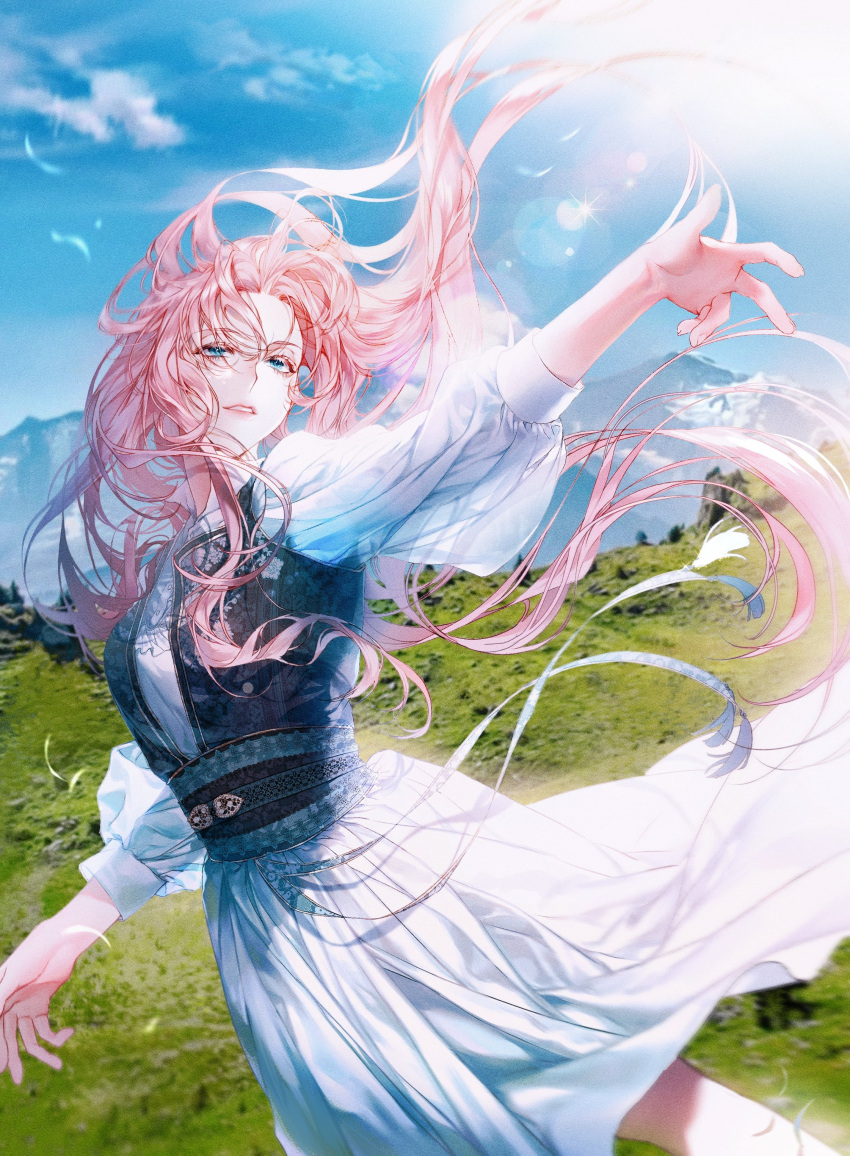 1girl absurdres blue_eyes day dress ea_ateu highres long_hair outdoors pink_hair puffy_sleeves smile solo