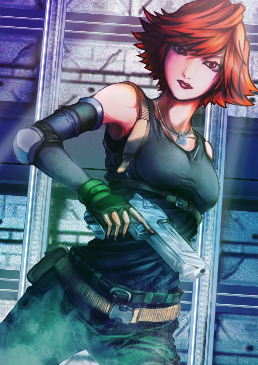 1girl absurdres belt black_gloves black_shirt breasts brown_eyes commentary_request elbow_pads fingerless_gloves flipped_hair gloves gogo_(pixiv47445) gun handgun highres indoors jewelry lipstick looking_at_viewer makeup meryl_silverburgh metal_gear_(series) metal_gear_solid necklace pants partial_commentary redhead shirt short_hair small_breasts solo standing tank_top weapon